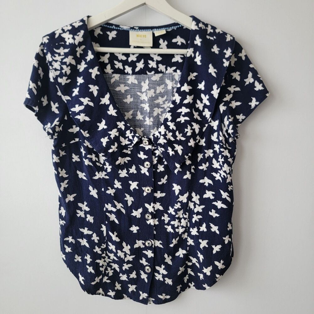 Maeve BY Anthropologie women's Austin Bird Print‎ size 4 Peter Pan Collar Button